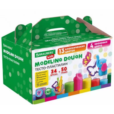 Пластилин-тесто для лепки BRAUBERG KIDS, 34 шт., 1700 г, 2 стека, 10 формочек, 4 штампика, 1 скалка, 10 пакетиков для хранения, 106723