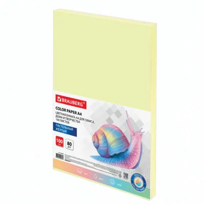 Бумага цветная BRAUBERG, А4, 80 г/м2, 100 л. пастель, желтая, для офисной техники, 112446