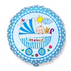 Шар (18\'\'/46 см) Круг, Детская коляска для мальчика, Голубой, 1 шт. 401578