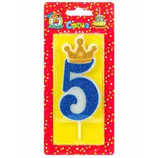 Свеча для торта Царская, синяя с глиттером Цифра 5 С-8362