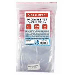Пакеты с замком ZIP LOCK "зиплок", комплект 100 шт., 80х120 мм, ПВД, толщина 35 микрон, BRAUBERG, 606209
