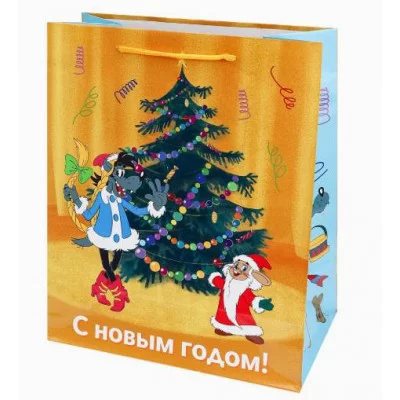 Пакет подар. с глянц.лам. 26.4*32.7*13.6см(L)"Заяц и волк у ёлки" 157г Ну-Погоди! ППК-2923