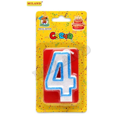 Свеча для торта с синей окантовкой с блёстками Цифра 4 С-1102