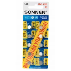 Батарейки алкалиновые "таблетка" КОМПЛЕКТ 10 шт., SONNEN Alkaline, 192A (G3, LR41), в блистере, 457134
