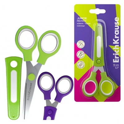 Ножницы ErichKrause Junior Protect, с пластиковым чехлом и именным стикером, 13см, ассорти  58196