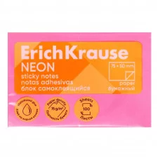 Блок самоклеящийся бумажный ErichKrause Neon, 75х50 мм, 100 листов, розовый 61690
