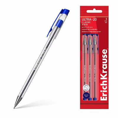 Набор из 3 ручек шариковых ErichKrause ULTRA-20 Stick Classic 0.7, Super Glide Technology, цвет чернил синий (в пакете) 61029
