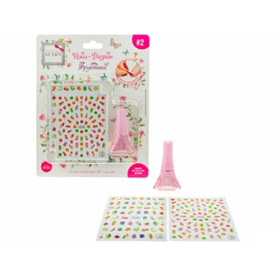 Набор Нэйл-Дизайн лак д/ногтей peel-off сиренево-перламутровый металл+наклейки Фруктики Т19480 LUCKY 613-304