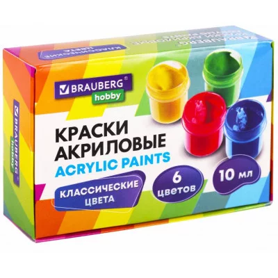 Краски акриловые для рисования и творчества 6 цветов по 10 мл, BRAUBERG HOBBY, 192432