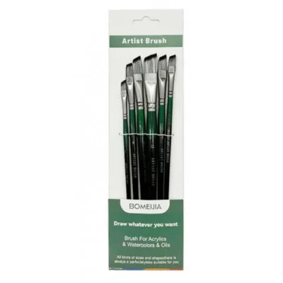 Кисти набор 6 шт. Синтетика DH-98 Плоские скошенные (№2,4,6,8,10,12) черно-зеленая ручка, в ПВХ-пакете 331978