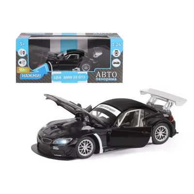 Автопанорама Машинка металл., 1:24, BMW Z4 GT3, черн., своб. ход колес, откр. двери, капот св.