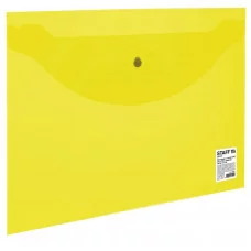 Папка-конверт с кнопкой STAFF, А4, до 100 листов, прозрачная, желтая, 0,12 мм, 226031