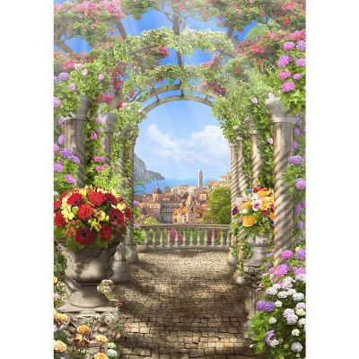 Холст с красками 22х30 см по номерам  (16цв.) Цветочная арка с видом на море (Арт. Х-3993)