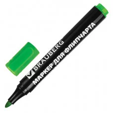 Маркер для флипчарта BRAUBERG, НЕПРОПИТЫВАЮЩИЙ, круглый наконечник 2,5мм, зеленый, 151256