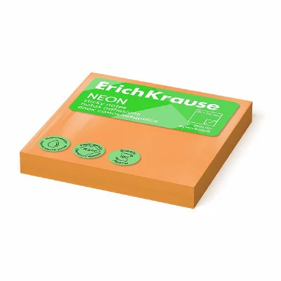 Блок самоклеящийся бумажный ErichKrause Neon, 75х75 мм, 100 листов, оранжевый 61660
