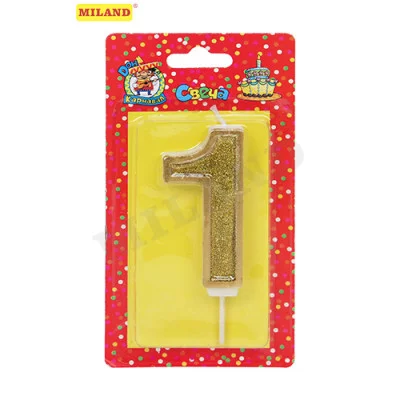 Свеча для торта Золотой глиттер с окантовкой Цифра 1 С-5975