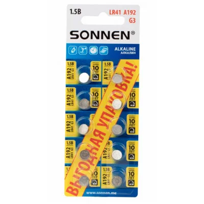 Батарейки алкалиновые "таблетка" КОМПЛЕКТ 10 шт., SONNEN Alkaline, 192A (G3, LR41), в блистере, 457134