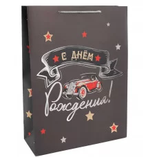 Пакет подарочный, 210гр, С Днем Рождения! (ретро-авто), Металлик, 23*18*10 см, 1 шт. 504397