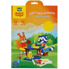 Цветная бумага самоклеящаяся А4, Мульти-Пульти, 12л., 12цв., в папке с европодвесом, "Приключения Енота" 318598