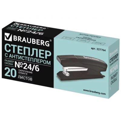Степлер №24/6, 26/6 BRAUBERG "Black Jack", до 20 листов, антистеплер, черный, 227764