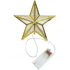 Верхушка на ёлку "Золотистая звезда", 15,5см, 10 LED, 2 реж., тепл. желт. свет, от батареек. НУ-2594