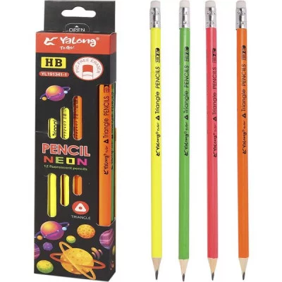 Набор ч/г карандашей, Yalong HB, дерево, с ластиком, трехгранный, заточенный, неон, ассорти в уп. 12 шт., "Планеты" 71342