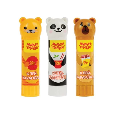 Клей-карандаш Мульти-Пульти "Зверята: Кот, Мишка, Панда", 09г, колпачок в форме животного, ПВП 305043