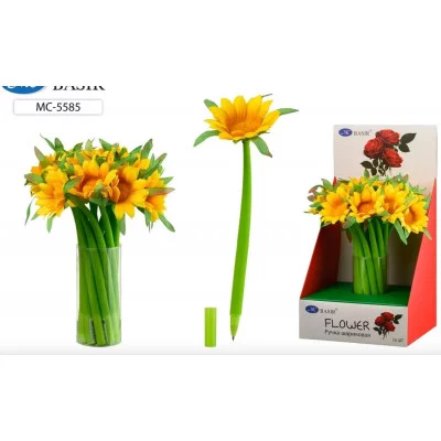 Шариковая ручка ПОДСОЛНУХ прорезиненный корпус зелёного цвета, наконечник цветок, цвет чернил-синий МС-5585