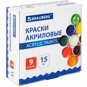 Краски акриловые для рисования и творчества 9 цветов по 15 мл, BRAUBERG, 192563