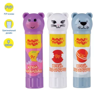 Клей-карандаш Мульти-Пульти "Зверята: Морской котик, Бегемот, Кошка ", 09г, колпачок в форме животного, ПВП 323224