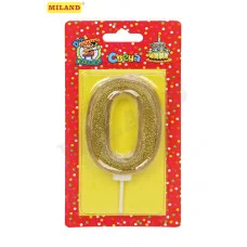 Свеча для торта Золотой глиттер с окантовкой Цифра 0 С-5974