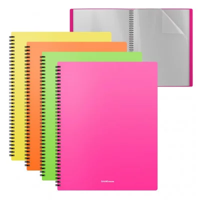 Папка файловая пластиковая на спирали ErichKrause Matt Neon, с 20 прозрачными карманами, A4, ассорти 1шт 49953
