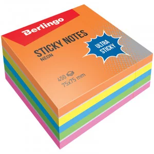 Самоклеящийся блок Berlingo "Ultra Sticky", 75*75мм, 450л, 5 неоновых цветов + 1 белый BERLINGO_ 270292