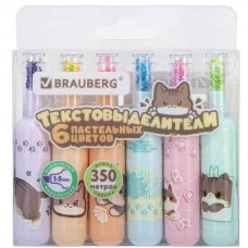 Набор текстовыделителей 6 ПАСТЕЛЬНЫХ ЦВЕТОВ, кросс-серия МИЛЫЕ КОТЫ, линия 1-5 мм, BRAUBERG, 152619