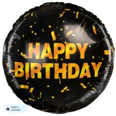 Шар (18\'\'/46 см) Круг, Happy Birthday (золотое конфетти), Черный, 1 шт. в уп. (цв.этик.) 21921S