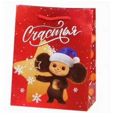 Пакет подар. с глянц.лам. 26.4*32.7*13.6см(L) "Чебурашка и снежинки"157г Чебурашка ПКП-0402