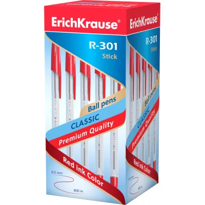 Ручка ERICH KRAUSE "R-301 Stick Classic" красн 1.0/140мм корпус прозр ш/к 43186 087807