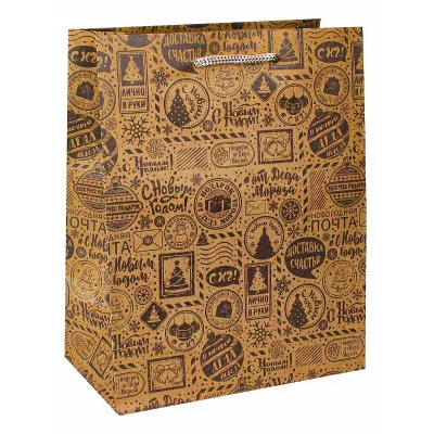 Пакет подарочный из крафт-бумаги 18х23х10 см (craft M) Почтовая новогодняя посылка, 130 г ПКП-6123
