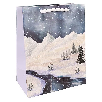 Dream cards Пакет подарочный с мат. лам. и мягкими  ручками и глиттером 33 x 26,7 x 13,7 см (L) Сказочная зима, 210 г  ПКП-3748