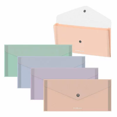 Папка-конверт на кнопке пластиковая ErichKrause Matt Pastel Bloom, с 4 цветными отделениями, Travel, прозрачный, ассорти 61162