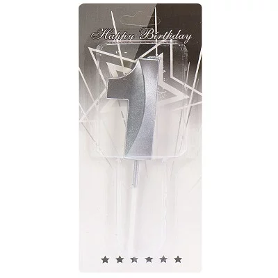 Свеча для торта Серебряный стиль Цифра 1 С-2973