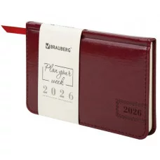 Еженедельник датированный 2026, МАЛЫЙ ФОРМАТ 95х155 мм, А6, BRAUBERG "Imperial", под кожу, бордо, 117188