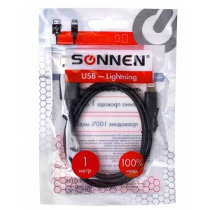 Кабель USB2.0 – Lightning, 1 м, SONNEN, медь, для передачи данных и зарядки, черный, 513116