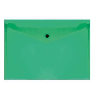 Папка-конверт на кнопке СТАММ А4, 150мкм, пластик, прозрачная, зеленая 343172