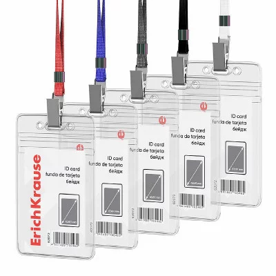 Бейдж вертикальный в комплекте с лентой ErichKrause размер вставки 62х91 мм, прозрачный, цвет ленты ассорти, 62072