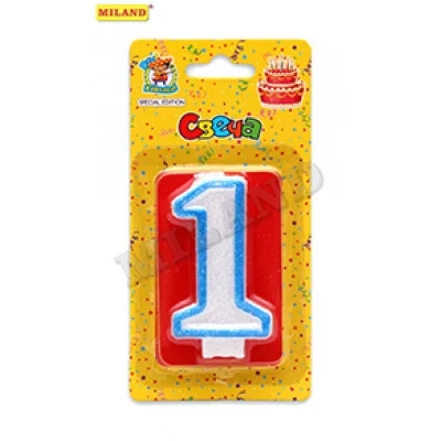 Свеча для торта с синей окантовкой с блёстками Цифра 1 С-1099