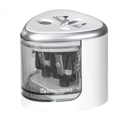 Точилка электрическая BRAUBERG DUAL (для 2 диаметров карандашей!), 4 батарейки АА, белая, 270580