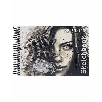 Скетчбук А5 Девушка с перьями (мат лам+выб лак, жест подл, на спирали, 50л, 100г) (айвори) С50-4214