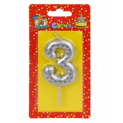 Свеча для торта Звёздочки, серебряная Цифра 3 С-5997