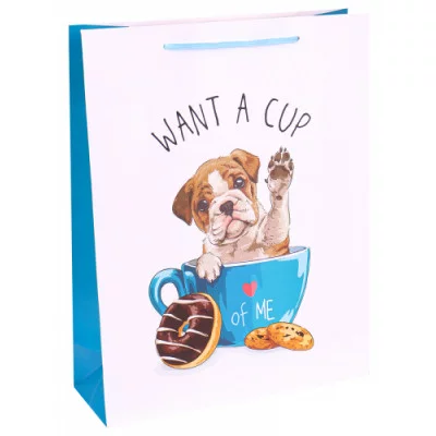 Dream cards Пакет подарочный с мат. лам. 26х32х10 см (L) Щенок в чашке, 210 г ППК-5394